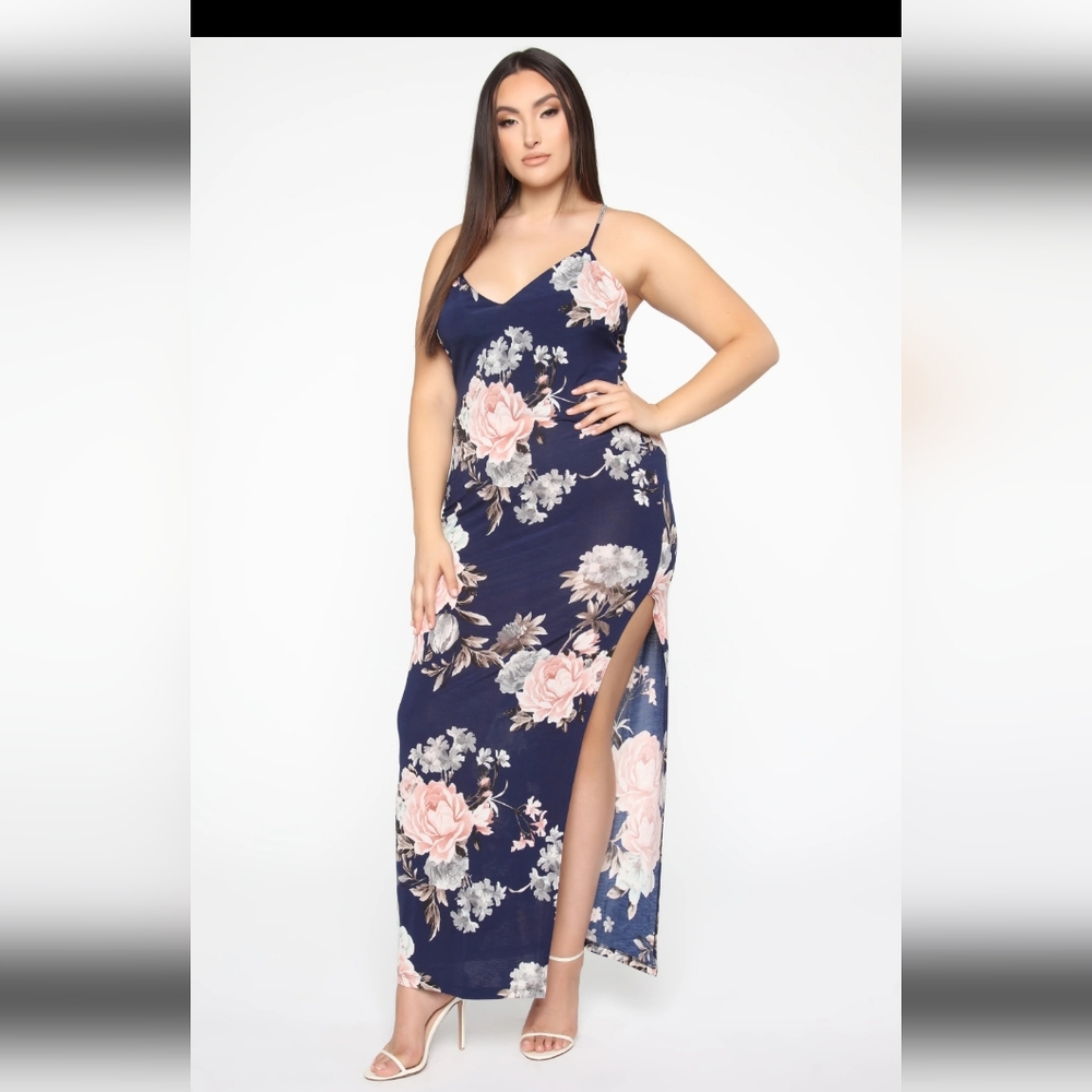 A navy blue floral maxi dress